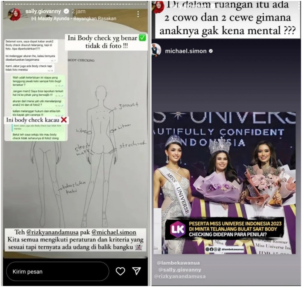 Miss Universe Indonesia 2023 diminta telanjang dan difoto saat body checking (Instagram)